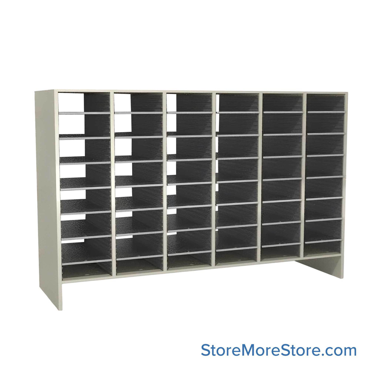 Legal Size Mail Sorter, 71.5" W x 48" H, 42" Sorting Height, Laminate Sorter Back, 6" Open Back Riser