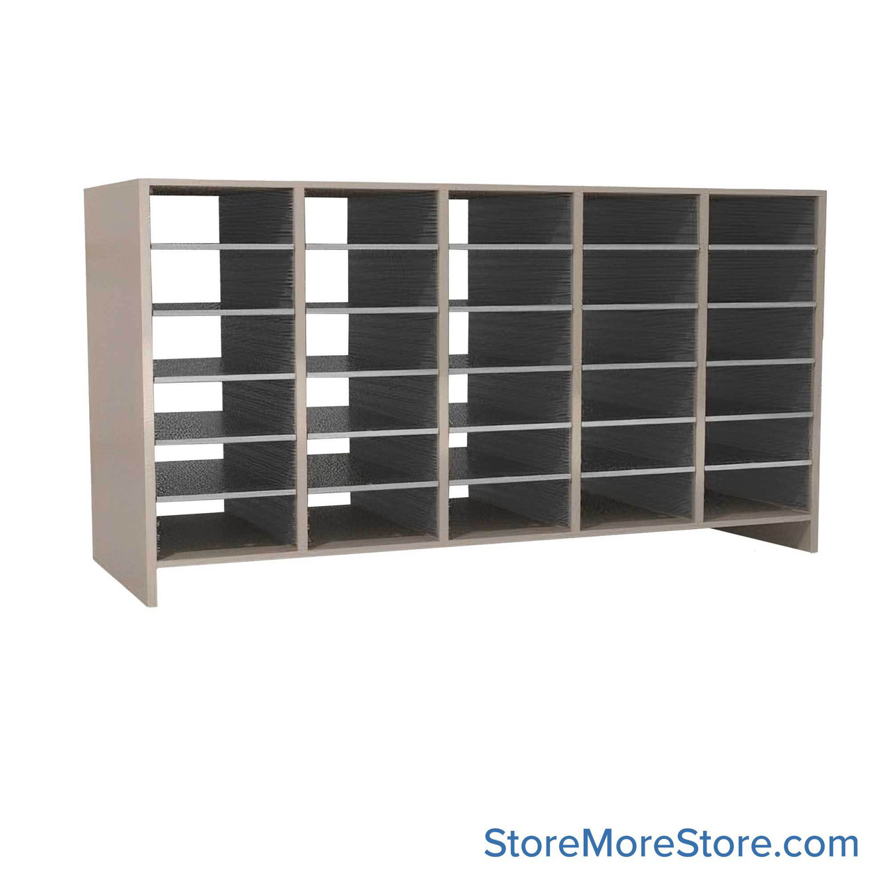 Legal Size Mail Sorter, 59.75" W x 33" H, 30" Sorting Height, Laminate Sorter Back, 3" Closed Back Riser