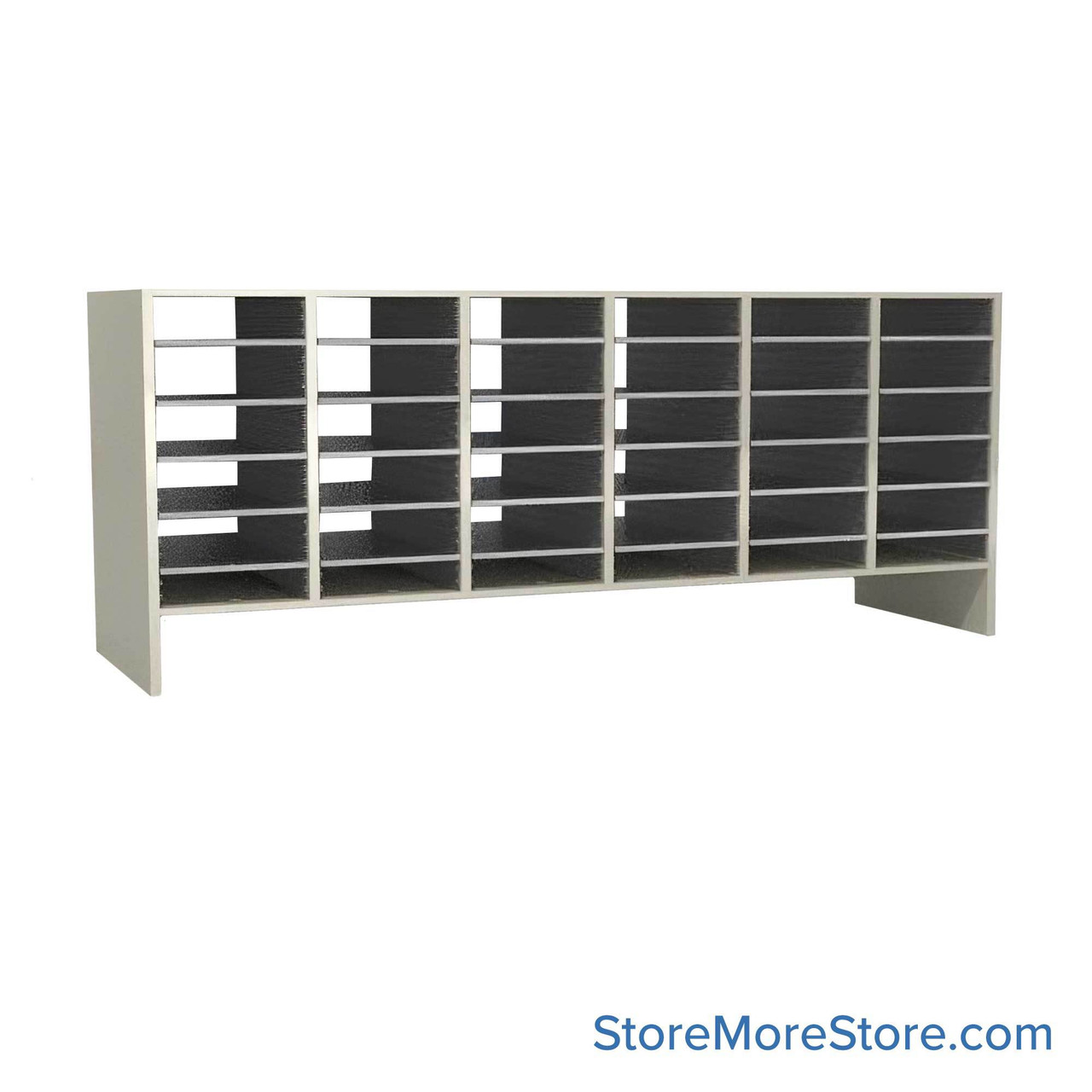 Legal Size Mail Sorter, 71.5" W x 30" H, 24" Sorting Height, Laminate Sorter Back, 6" Closed Back Riser