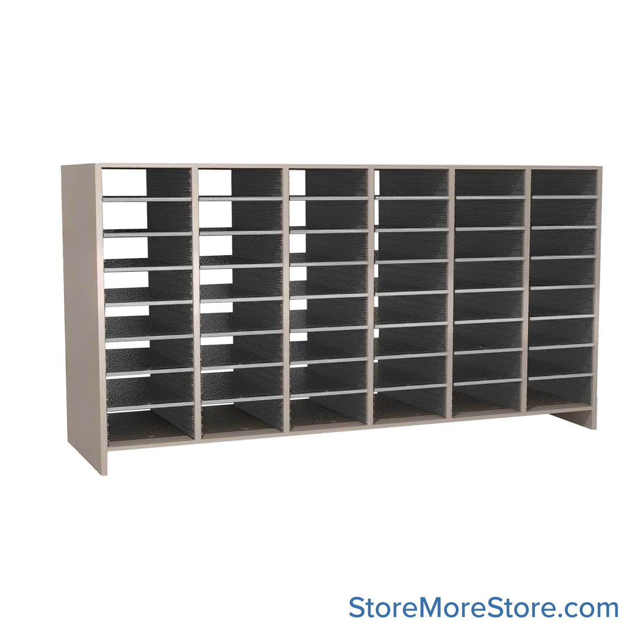Legal Size Mail Sorter, 71.5" W x 39" H, 36" Sorting Height, Laminate Sorter Back, 3" Closed Back Riser