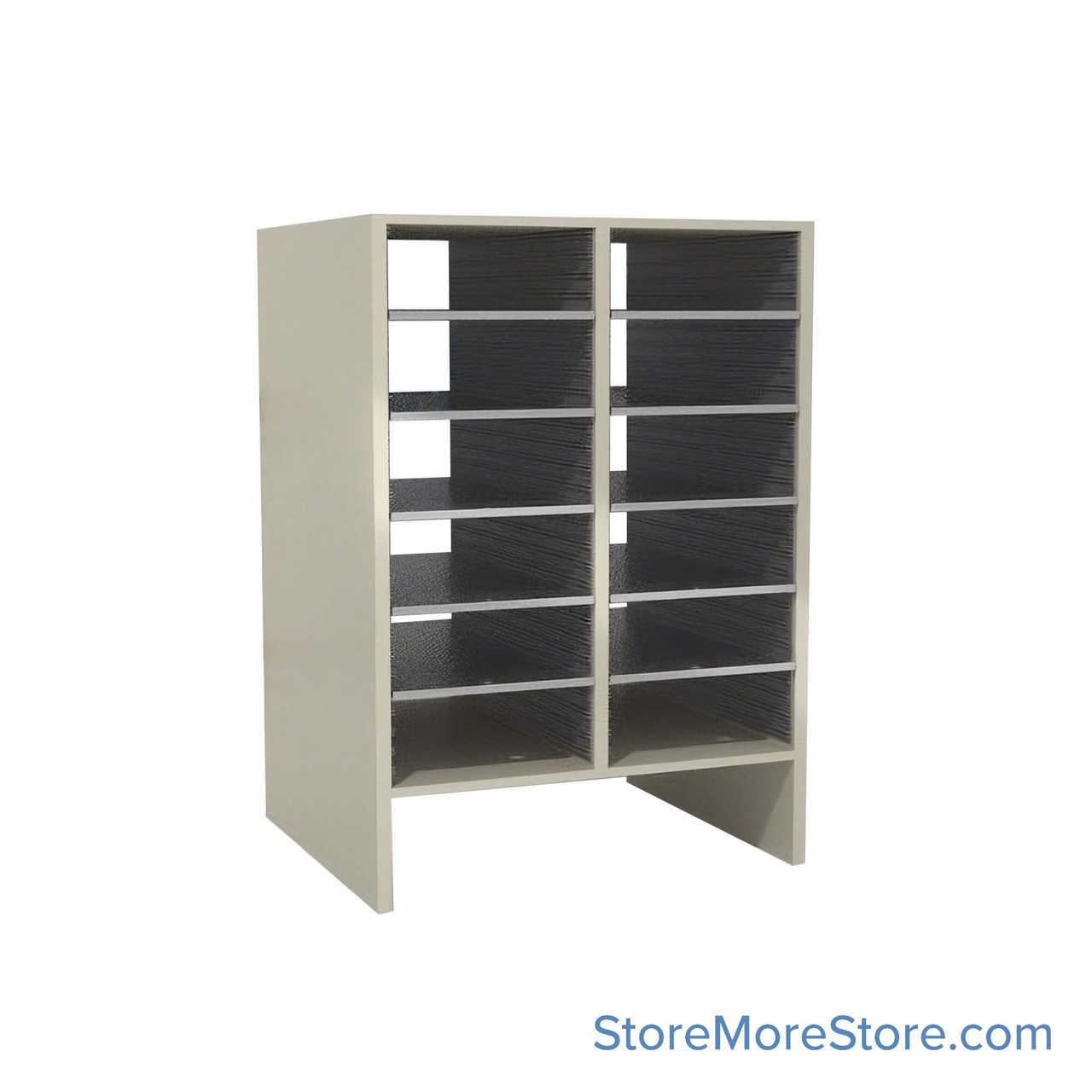 Legal Size Mail Sorter, 24.75" W x 36" H, 30" Sorting Height, Laminate Sorter Back, 6" Closed Back Riser