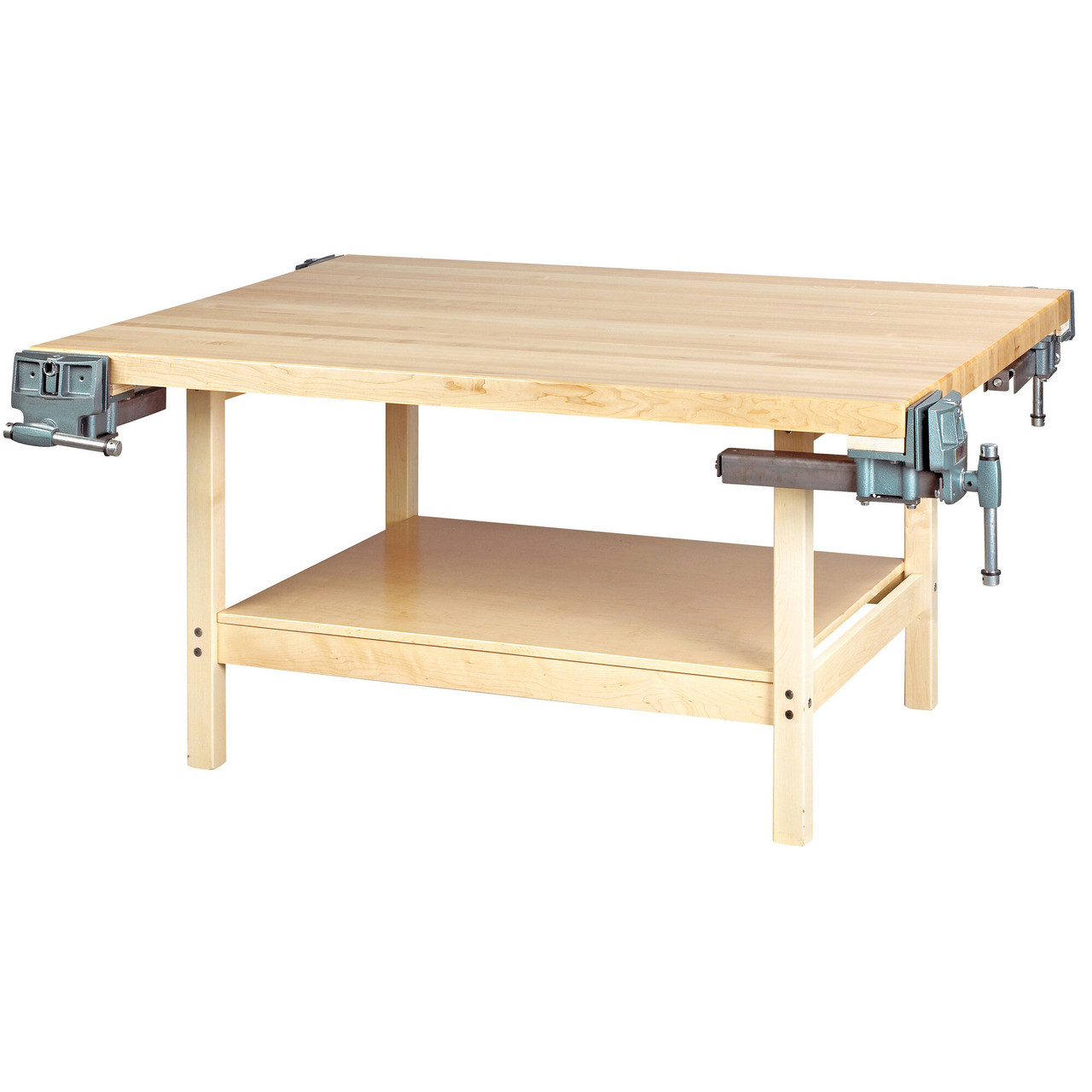 Maple Frame Workbench with Lower Storage Shelf, Four Vises