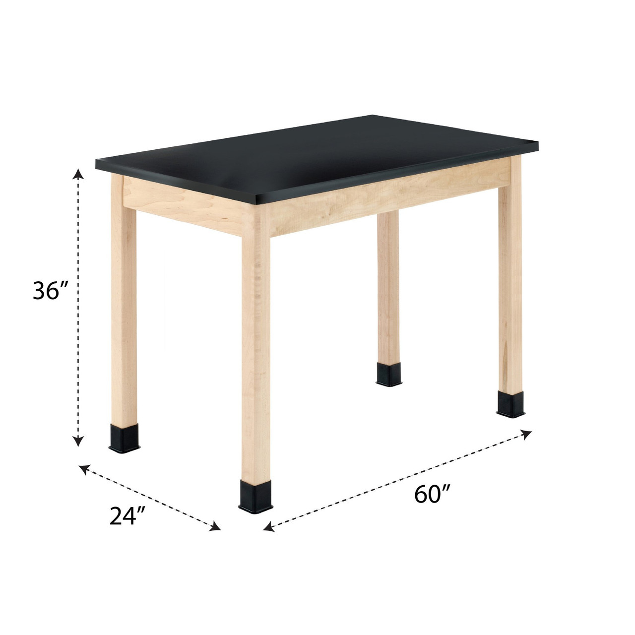 Wooden Lab Bench, 60" W x 24" D x 36" H, Black Chemguard Top, Maple Legs/Apron