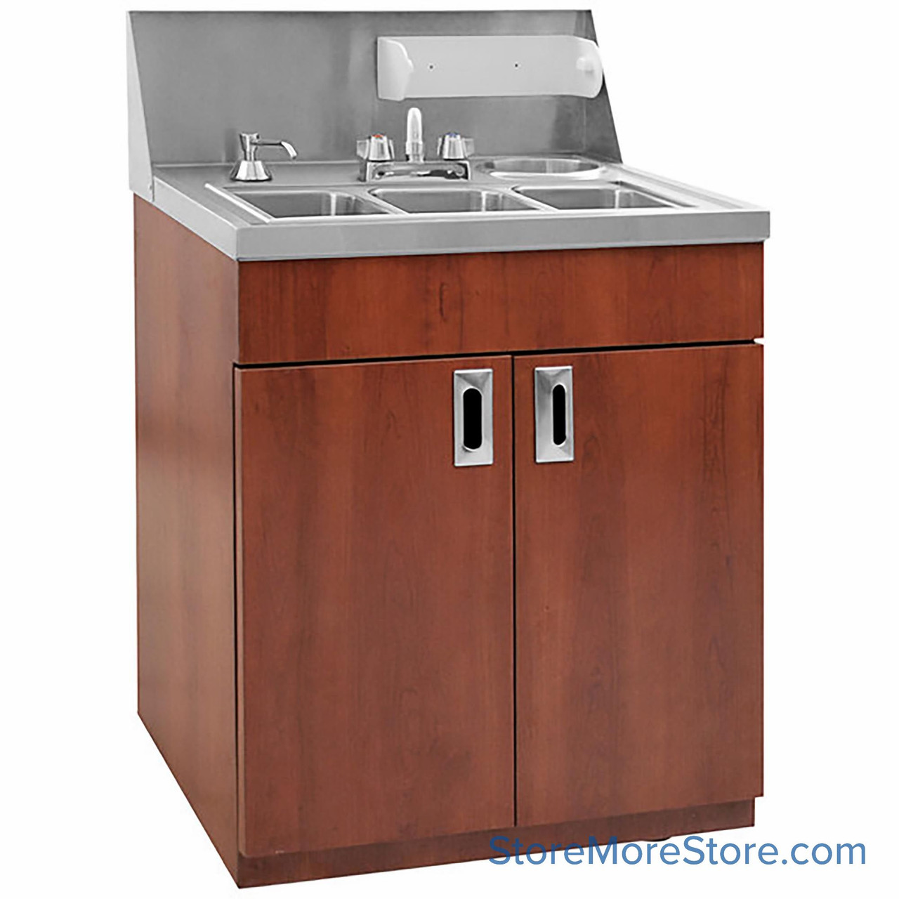 Portable Hand Washing Station, Laminated Plywood with Locking Doors, Stainless 3-Bowl Sink Sink, Cold Only