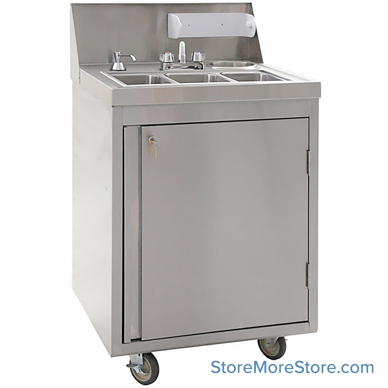 Portable Hand Washing Station, Stainless Steel with Locking Door, Stainless 3-Bowl Sink Sink, Cold Only