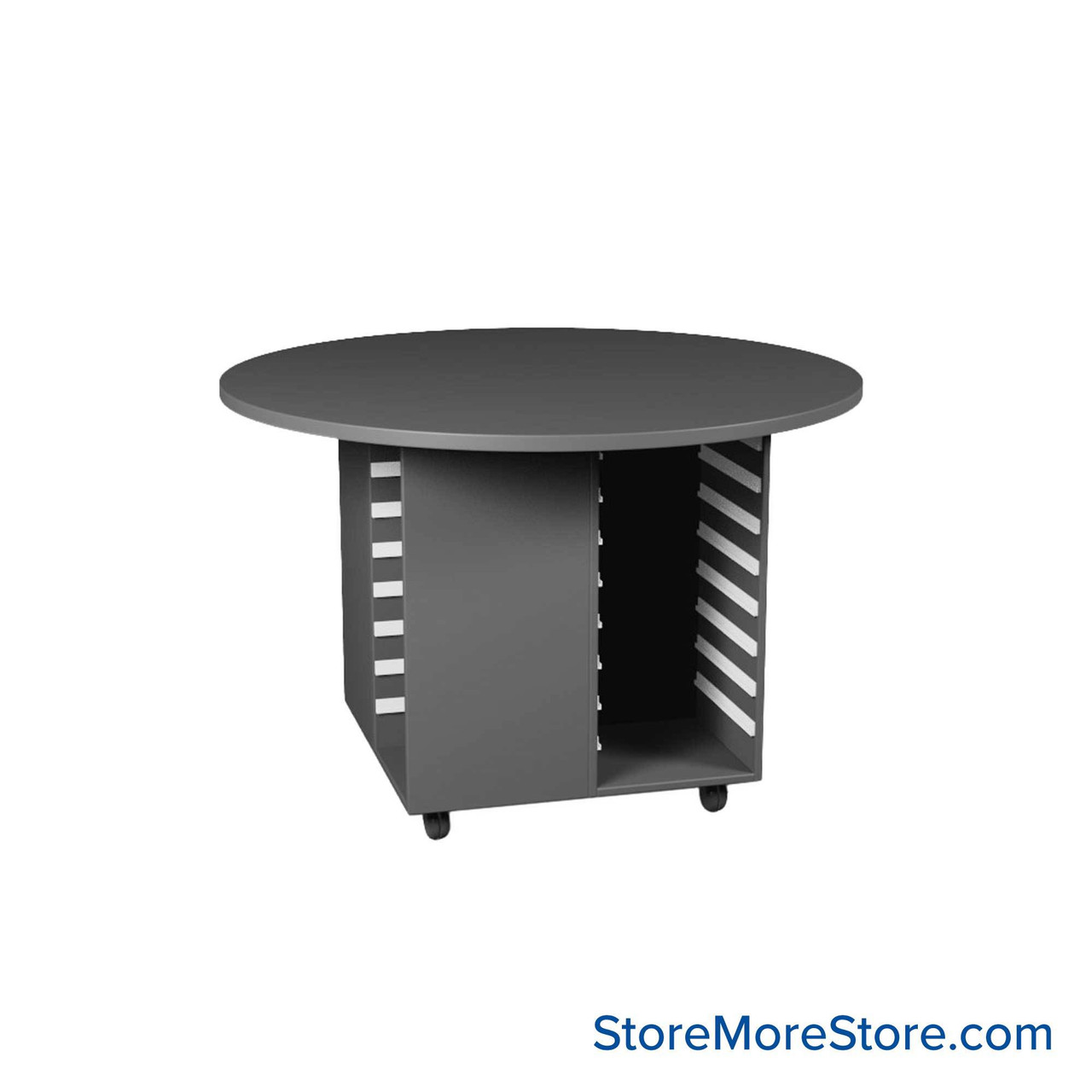 Work Island, 54" W x 54" D x 29" H, Round Shape, 4-Faced Tote Storage