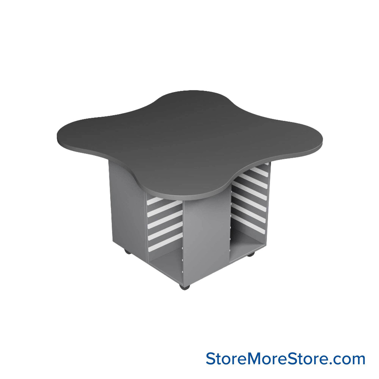Work Island, 54" W x 54" D x 42" H, Clover Shape, 4-Faced Tote Storage