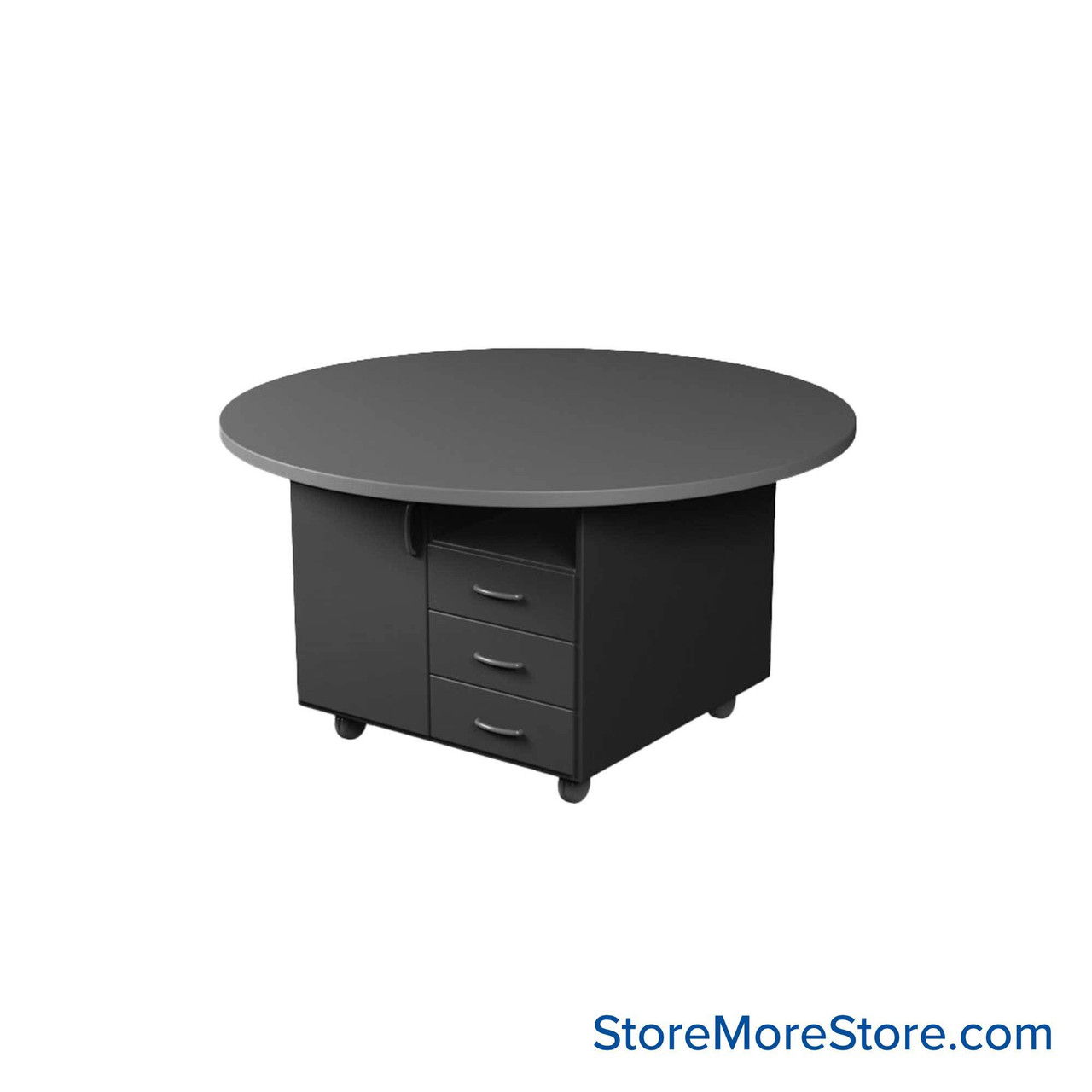 Work Island, 48" W x 48" D x 29" H, Round Shape, Double Faced Cupboard Storage w/ Drawers