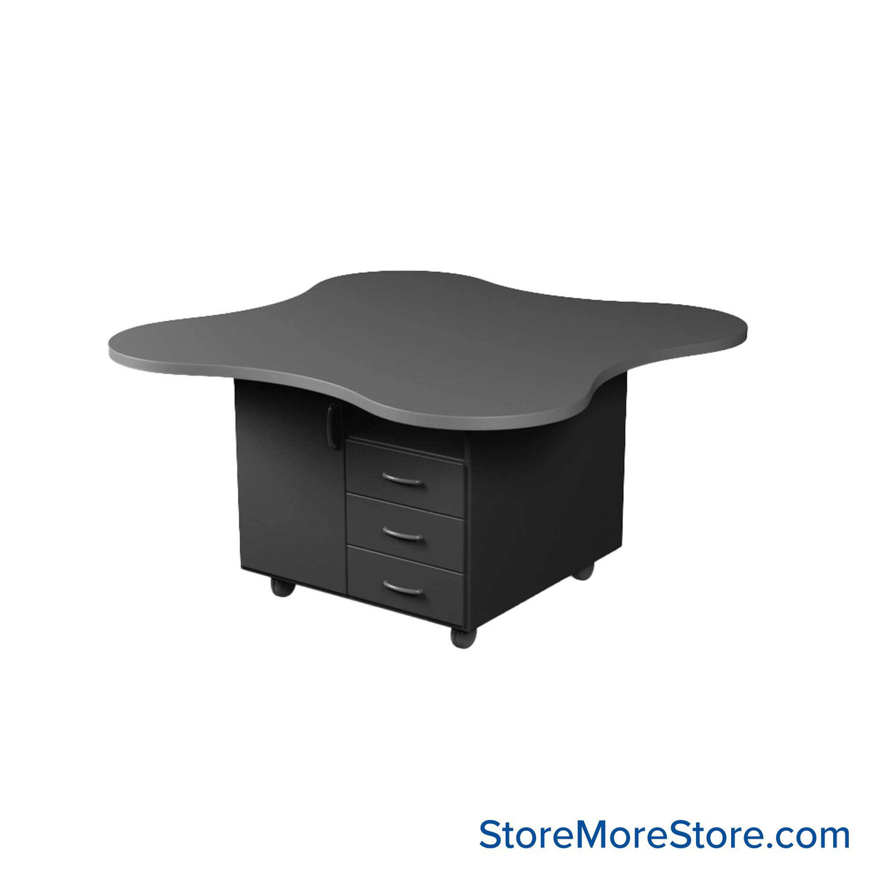 Work Island, 48" W x 48" D x 29" H, Clover Shape, Double Faced Cupboard Storage w/ Drawers