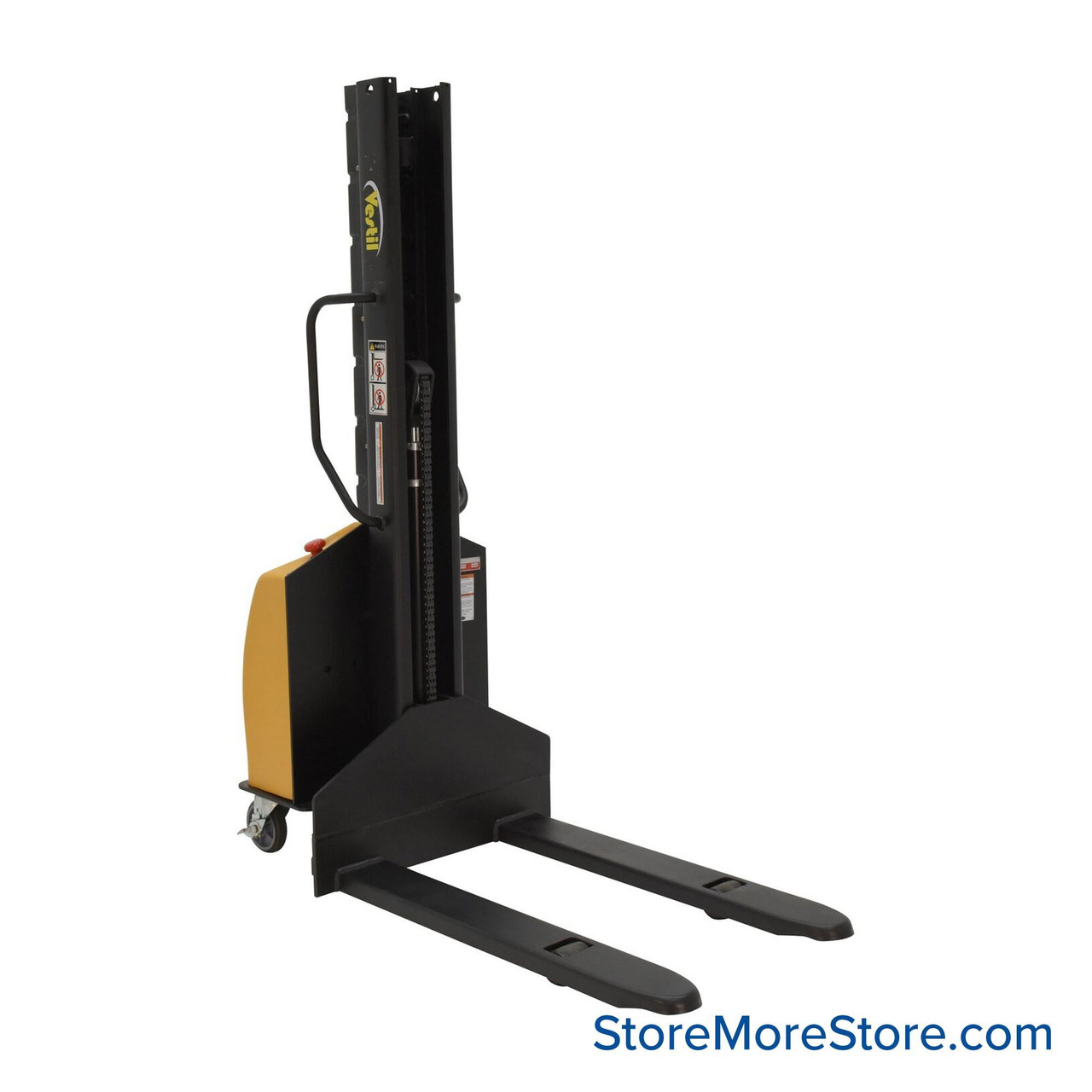 Electric Pallet Stacker, 29.25" W x 65.5" D x 77.75" H, Fixed Forks, 2"-63" Lift Range