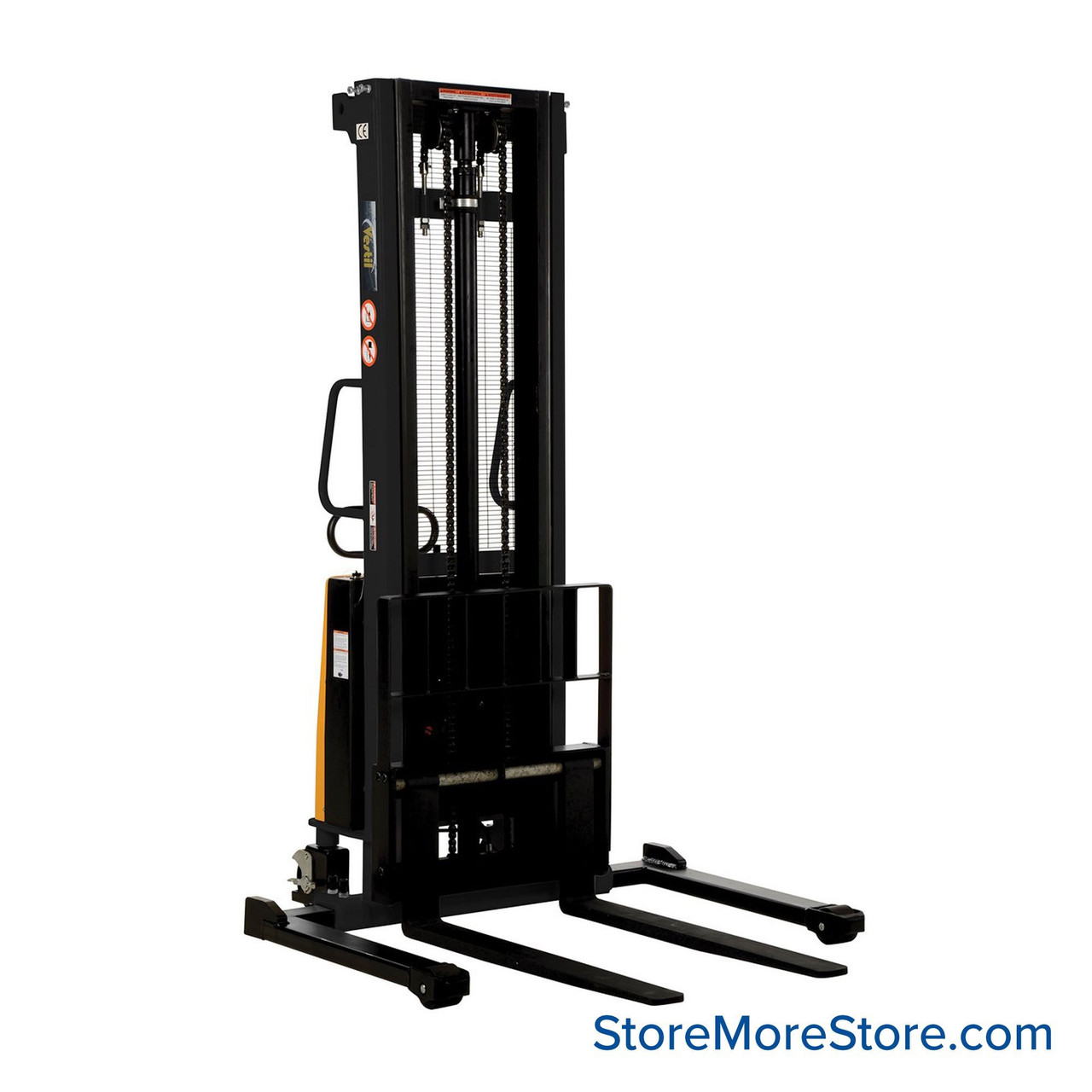 Electric Pallet Stacker, 46" W x 66.25" D x 88.5" H, Adjustable Forks, 2.125"-137" Lift Range