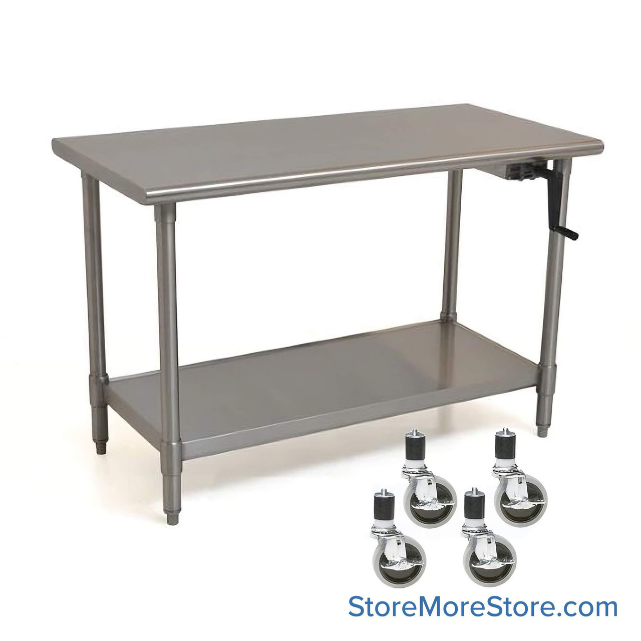 Adjustable Height Stainless Steel Table, 48" W x 24" D, 16-Gauge, Right Hand Crank