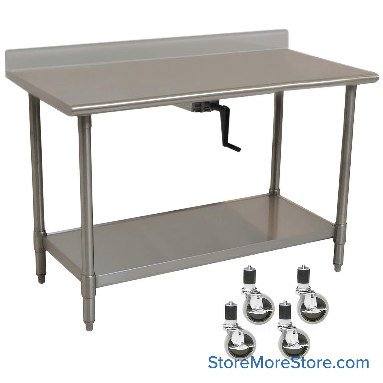 Adjustable Height Stainless Steel Table, 60" W x 30" D, 16-Gauge, Center Hand Crank, Includes Backsplash