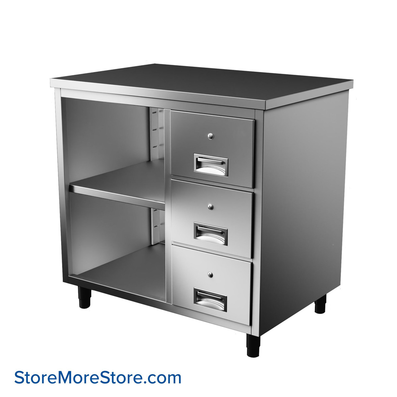 Stainless Steel Table Cabinet, 36" W x 24" D, 1 Adjustable Shelf & 3 Drawers