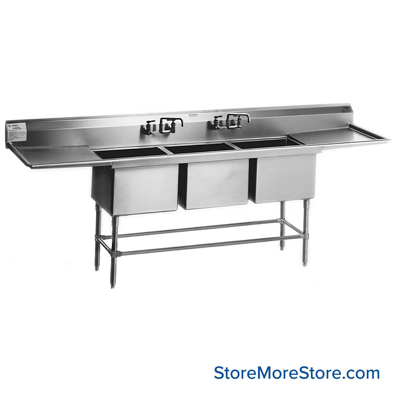 Free Standing Stainless Steel Sink, 114" W x 27" D, 3 Bowls, 2 Drainboards