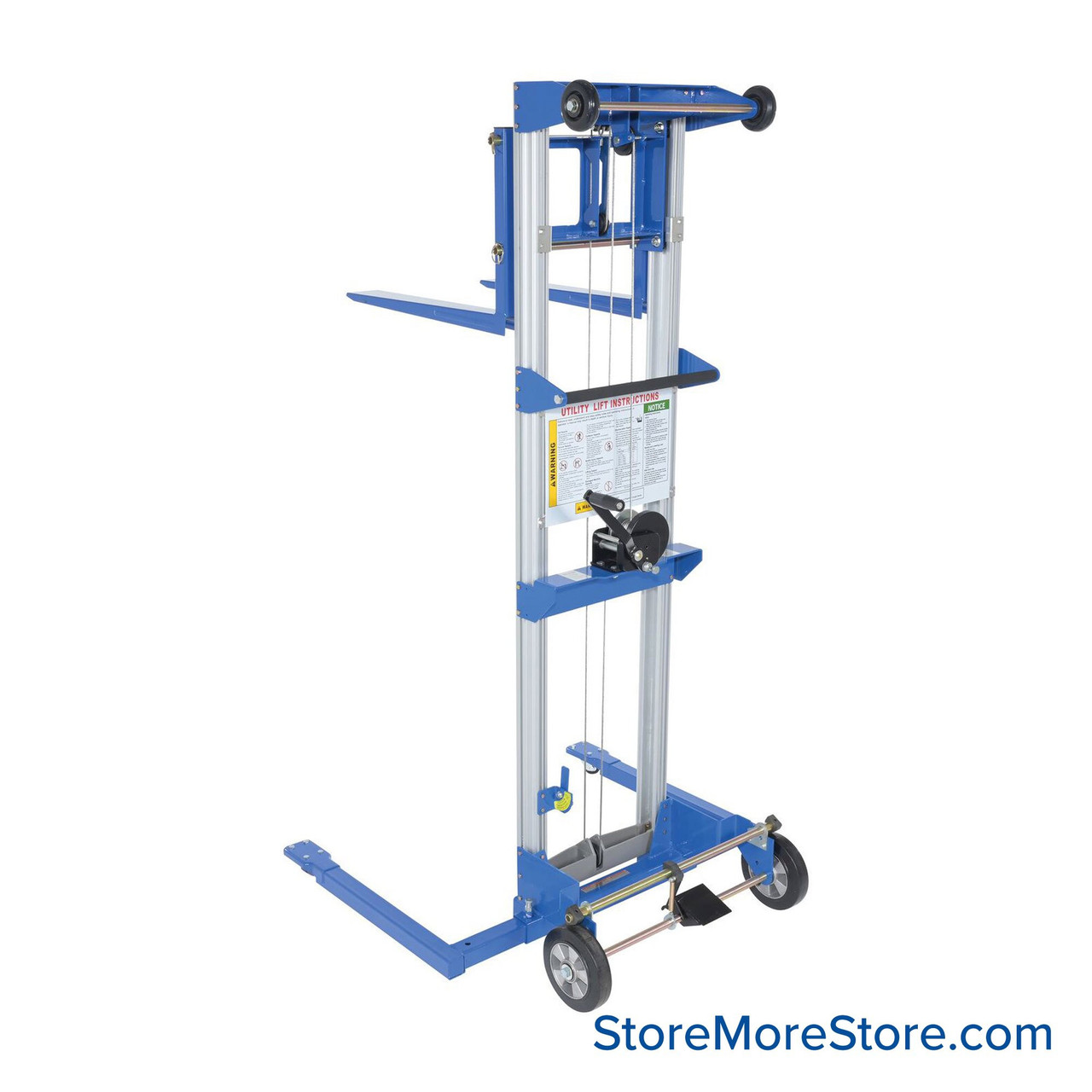 Manual Stacker Lift, 44" D x 143.75" H, Straddle Lift Design, 350 lbs Load Capacity