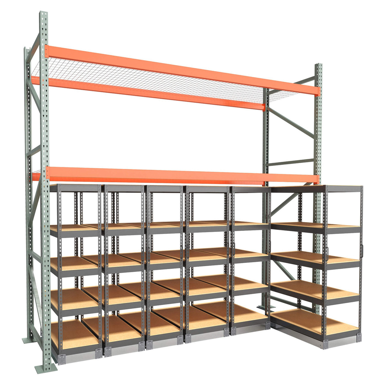 Under Pallet Rack Aisle Free Pull-Out Storage - 6 Carriages - Particle Board - 12 ft - 42'' x 24'' and 42'' x 18'' (139 
