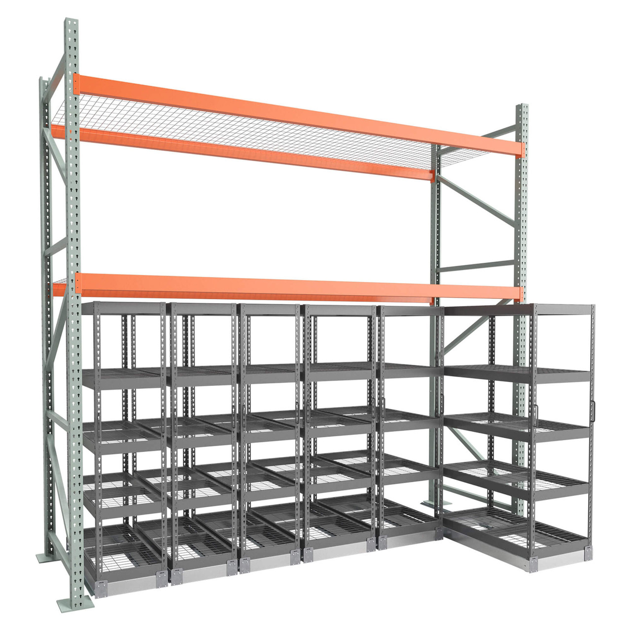 Under Pallet Rack Aisle Free Pull-Out Storage - 6 Carriages - Wire Grid - 12 ft - 42'' x 24'' and 42'' x 18'' (139 in W 