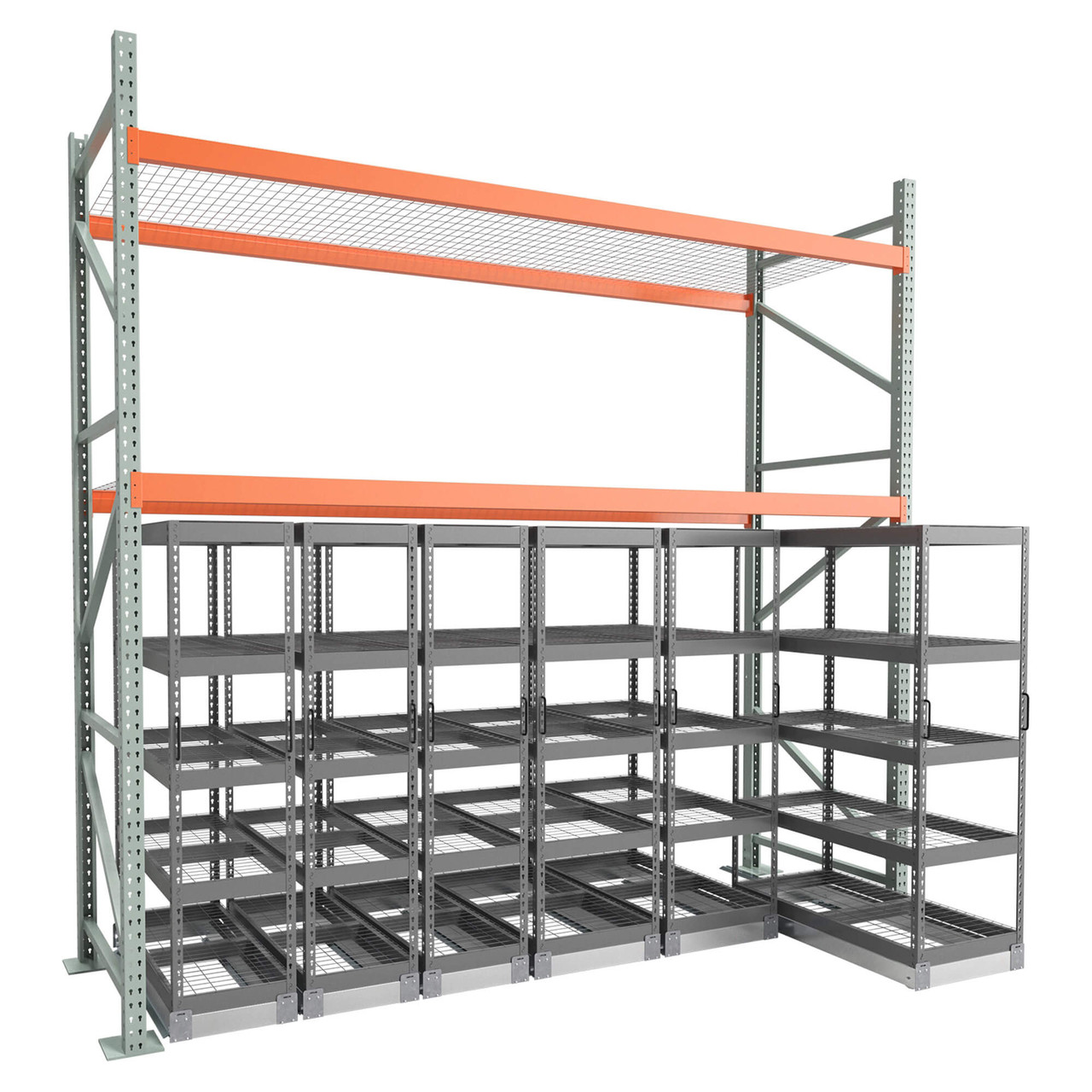 Under Pallet Rack Aisle Free Pull-Out Storage - 6 Carriages - Wire Grid - 12 ft - 48'' x 24'' and 48'' x 18'' (139 in W 
