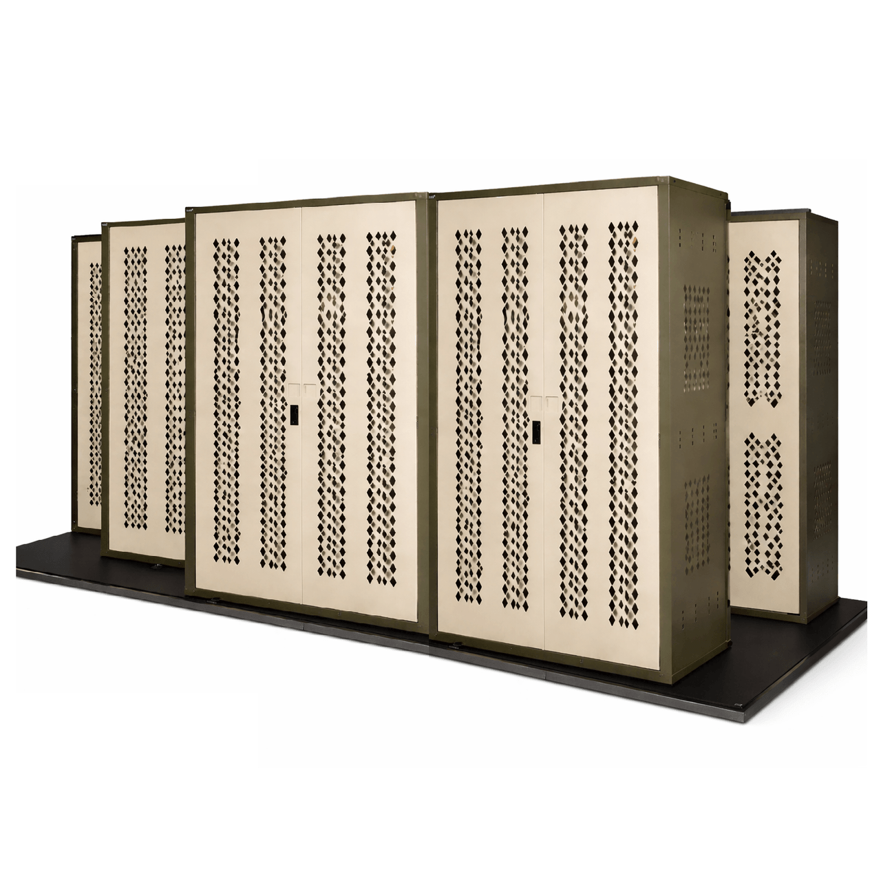 Military Law Enforcement Weapon Storage Sliding Cabinet System - 7 Cabinets - 130W x 49.5D x 76H - Three Deep - closed p