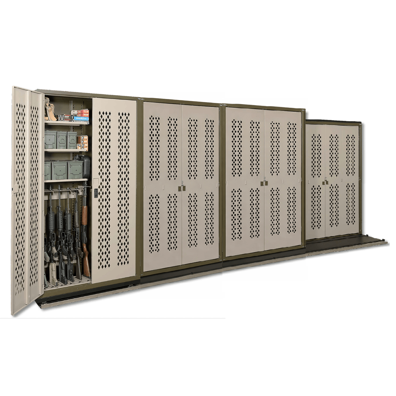 Military Law Enforcement Weapon Storage Sliding Cabinet System - 7 Cabinets - 172W x 32.5D x 76H - Two Deep - open posit