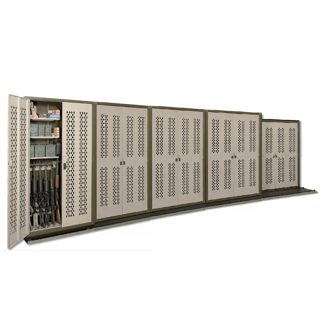 Military Law Enforcement Weapon Storage Sliding Cabinet System - 9 Cabinets - 214W x 32.5D x 76H - Two Deep - open posit