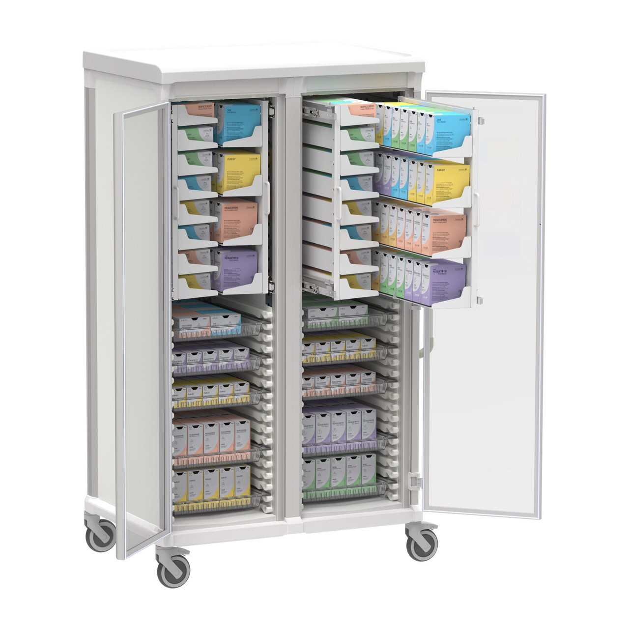 Apollo Double Narrow Glass Door Dual Access Suture Cart 72.4 Inch (41.7 in W x 72.4 in D x 28.6 in H)