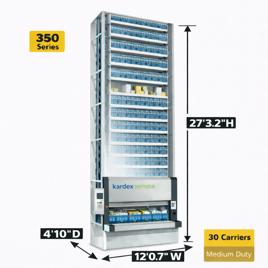 Kardex Megamat 350 Vertical Carousel Modules (VCM) 12' 0.7'' W x 4' 10'' D x 27' 3.2'' H - 30 Carrier - Medium Duty Shal
