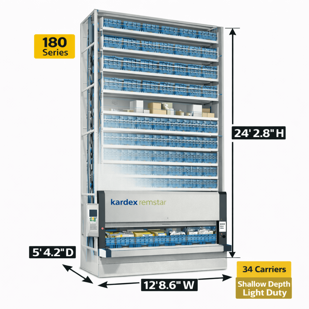 Kardex Megamat 180 Vertical Carousel Modules (VCM) 12' 8.6'' W x 5' 4.2'' D x 24' 2.8'' H - 34 Carrier - Light Duty Stor