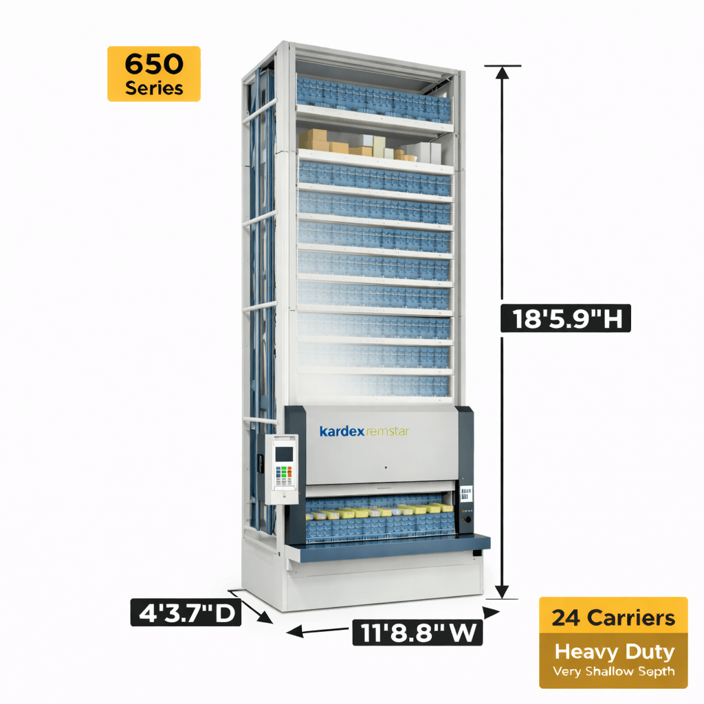 Kardex Megamat 650 Vertical Carousel Modules (VCM) 11' 8.8'' W x 4' 3.7'' D x 18' 5.9'' H - 24 Carrier - Heavy Duty Very