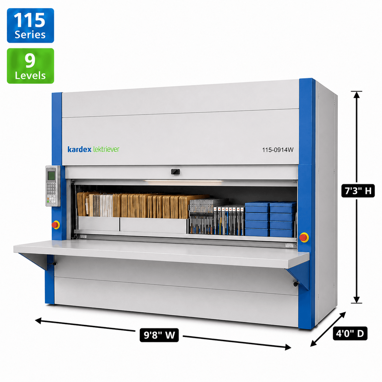 Kardex Lektriever Megamat 115 Vertical Carousel Filing System (VCM) 9'8'' W x 4'0'' D x 7'3'' H - 9 Carrier Letter File 