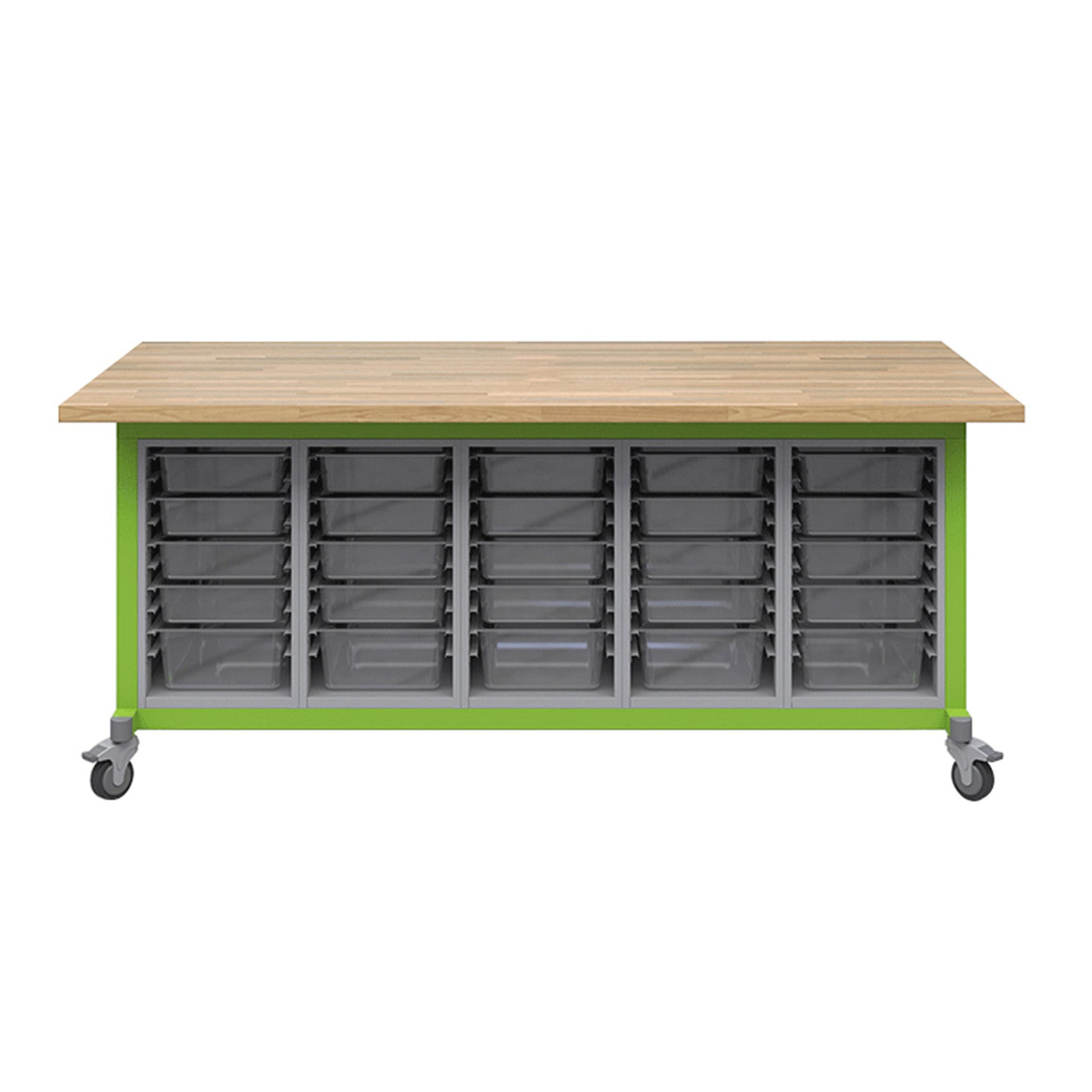 Explorer Maker Table 42 x 84 with Butcher Block Top, Five Bin Storage Modules, Locking Casters - Green Apple Frame (48 i