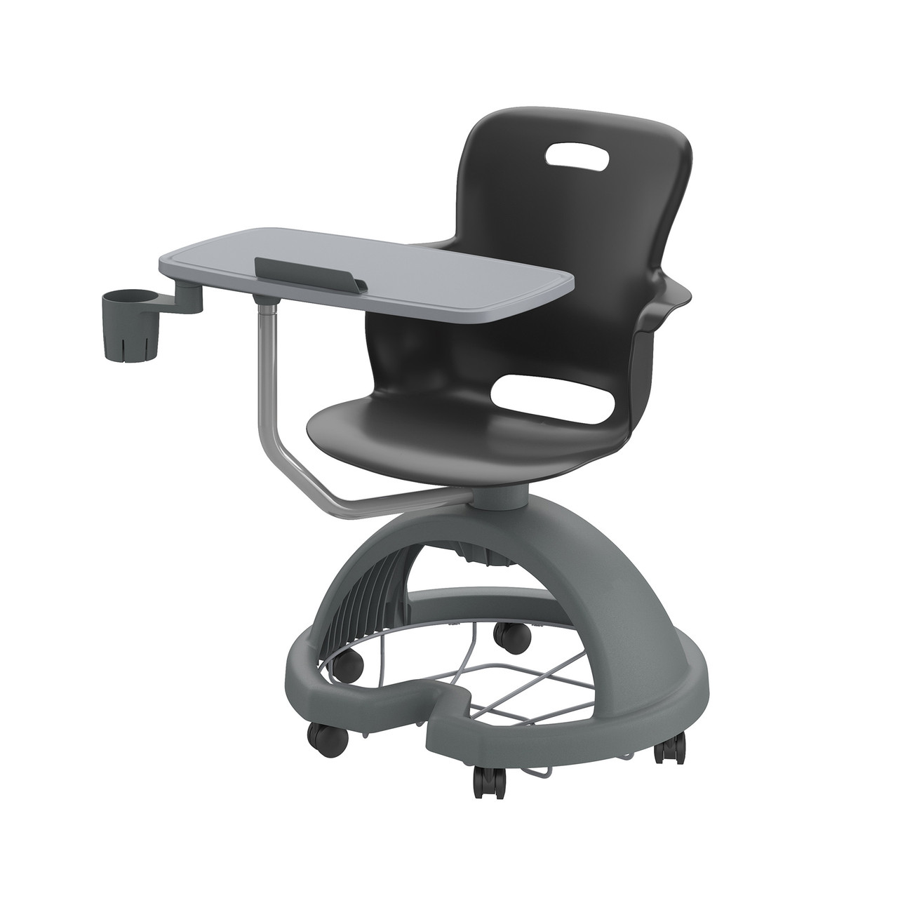 Ethos 18 Inch Storage Base Chair with Swivel Seating Shell, Right Handed Tablet, Cup Holder, and Soft Wheel Casters - Bl