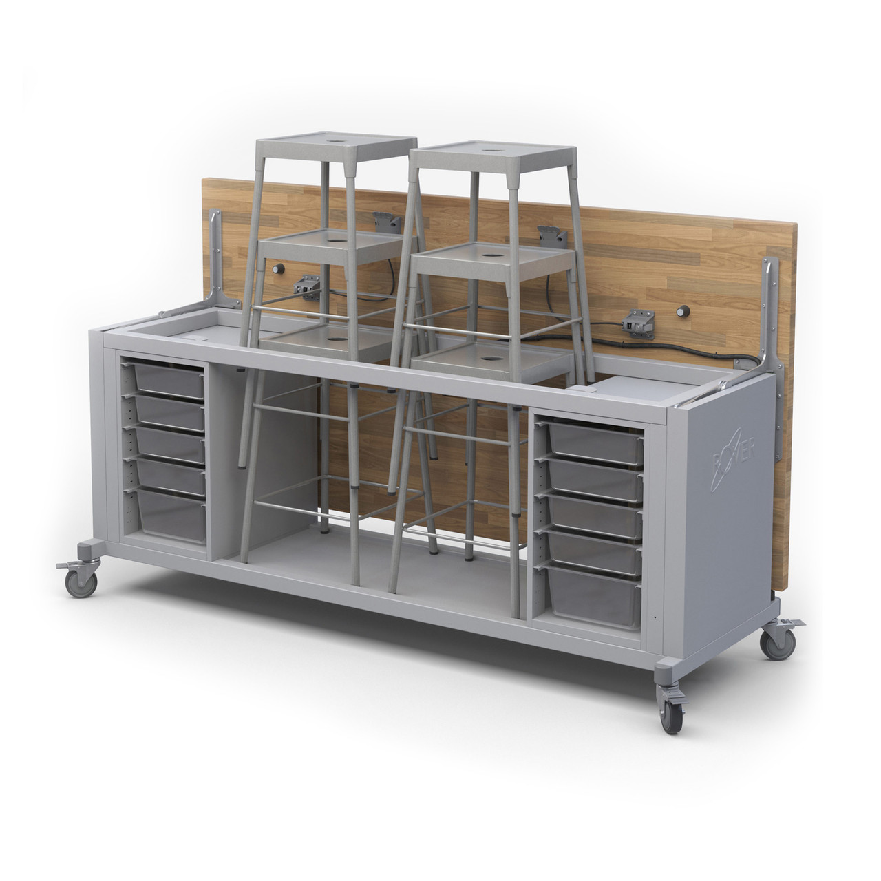 Fuzion Rover Table with Butcher Block Retractable Top, Bin Storage, Stools, Locking Casters - Platinum Frame (36 in W x 