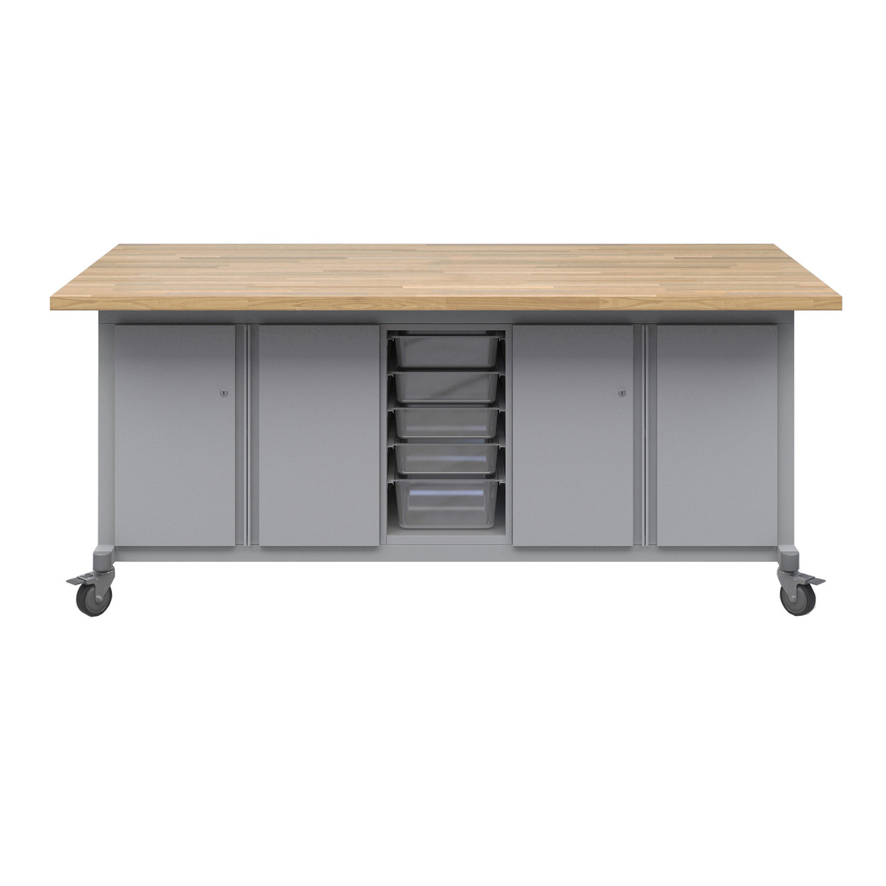 Explorer Maker Table 42 x 84 with Butcher Block Top, Double Door Storage, Bin Storage, Locking Casters - Platinum Frame 
