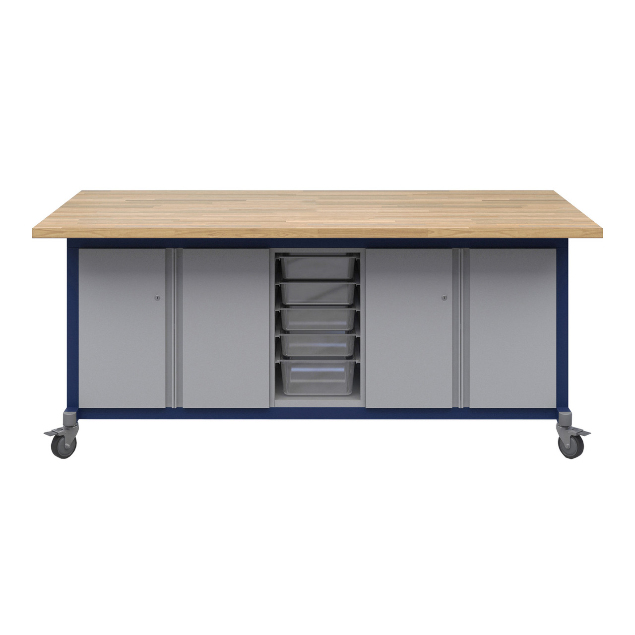 Explorer Maker Table 42 x 84 with Butcher Block Top, Double Door Storage, Bin Storage, Locking Casters - Navy Frame (48 