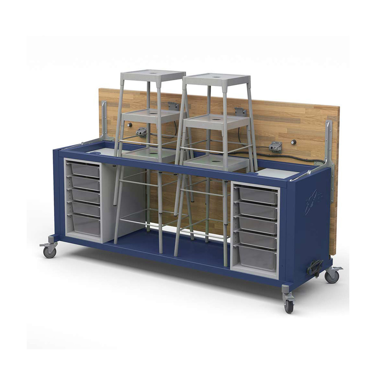 Explorer Rover Table with Butcher Block Retractable Top, Bin Storage, Stools, Power Unit, Locking Casters - Navy Frame (