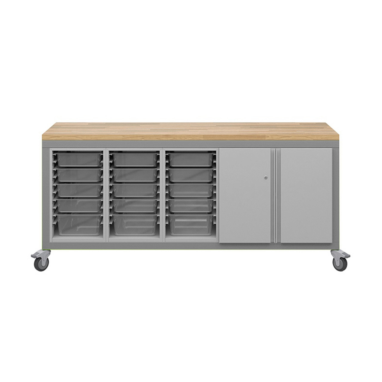 Explorer Cargo Cart 22 x 77 with Butcher Block Top, Bin Storage, Double Door Storage, Locking Casters - Platinum Frame (