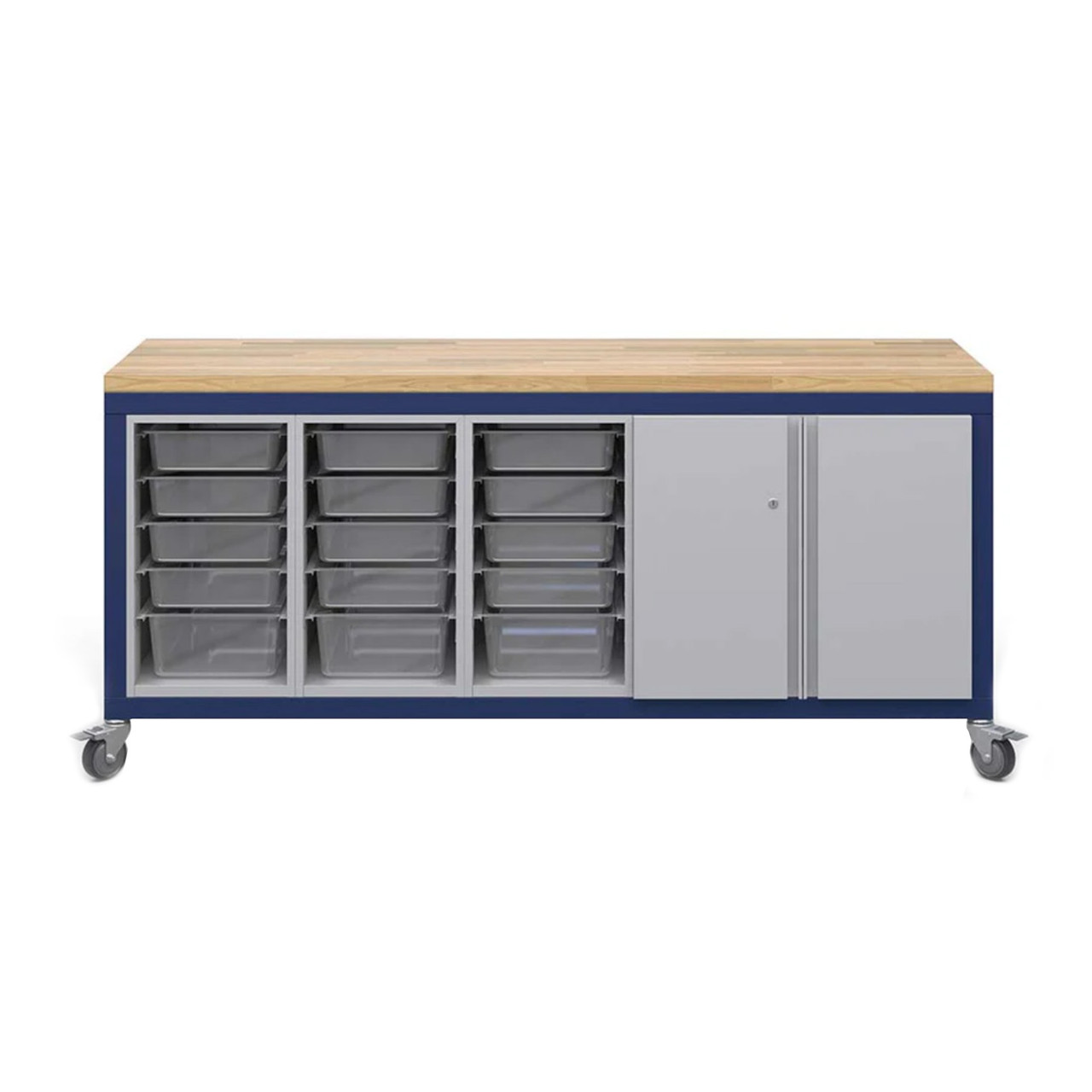 Explorer Cargo Cart 22 x 77 with Butcher Block Top, Bin Storage, Double Door Storage, Locking Casters - Navy Frame (30 i