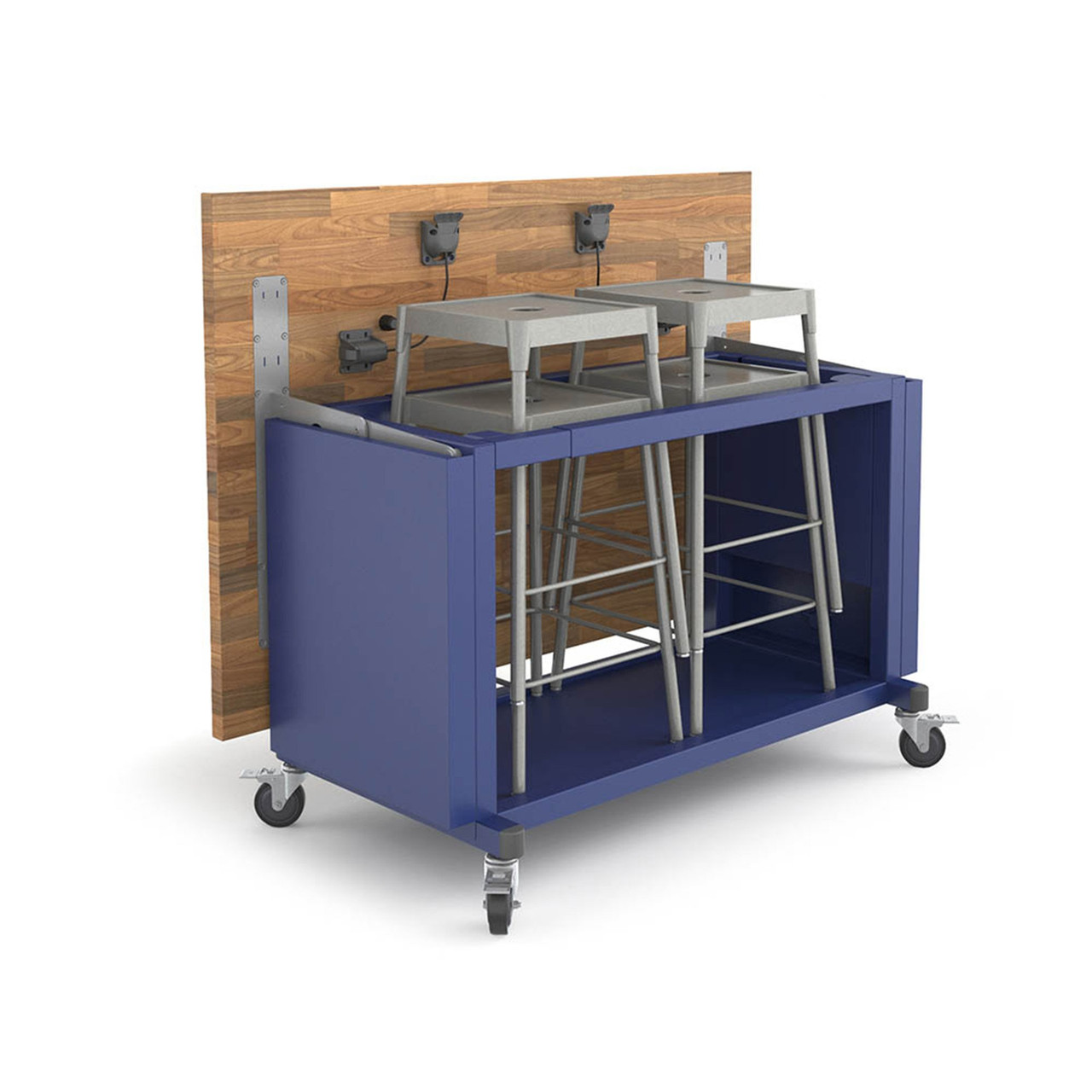 Explorer Rover Table 3 Module with Butcher Block Top, Stools, Locking Casters (60 in W x 50.5 in D x 60 in H)
