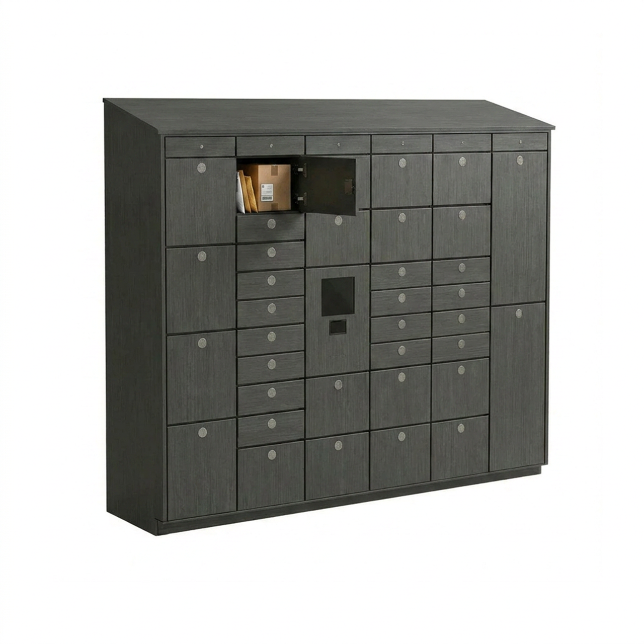 Outdoor 36 opening corporate mail and package smart locker system with slanted roof