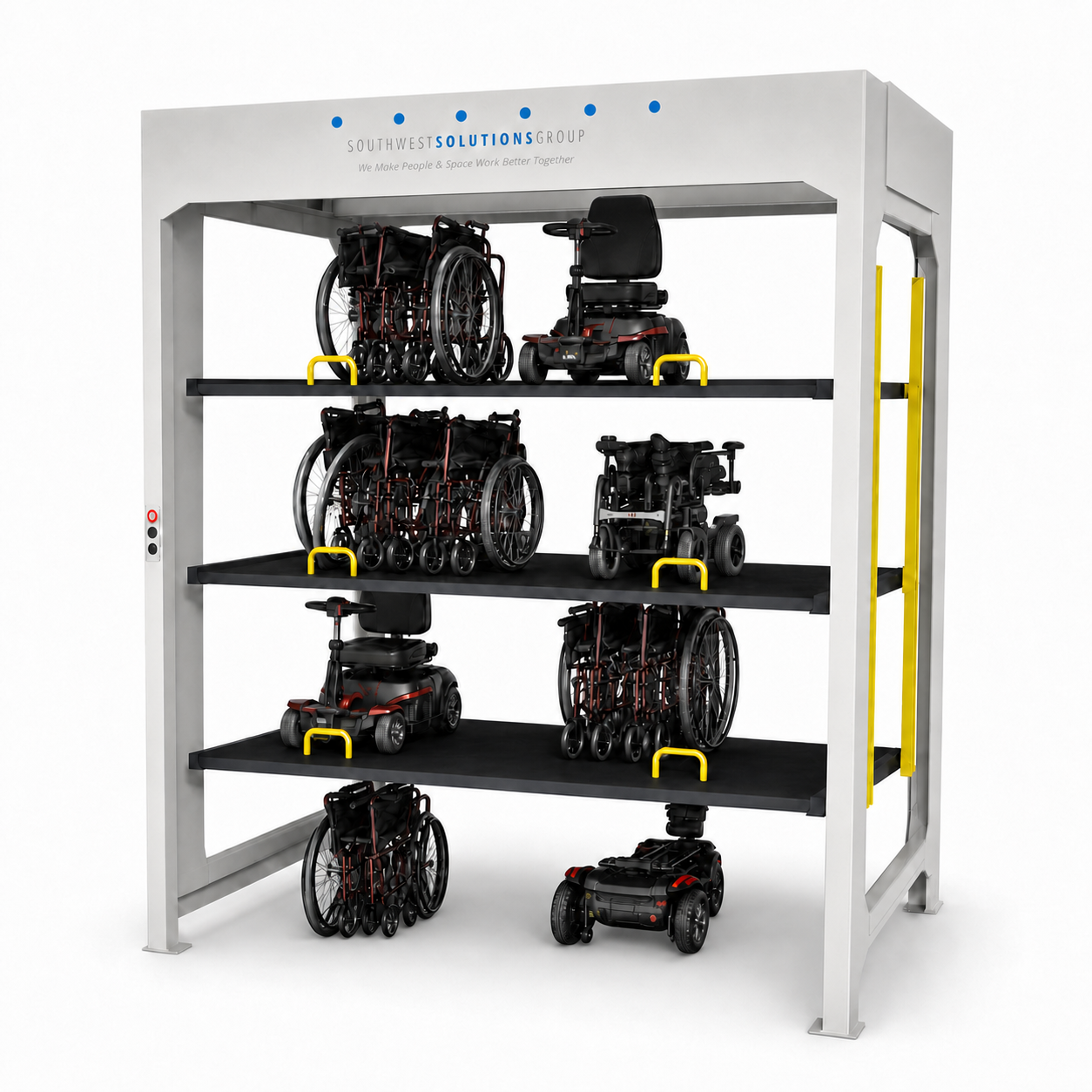 4-Level Vertical Lift Storage Stacker for Wheelchairs & Mobility Scooters on a pure white background