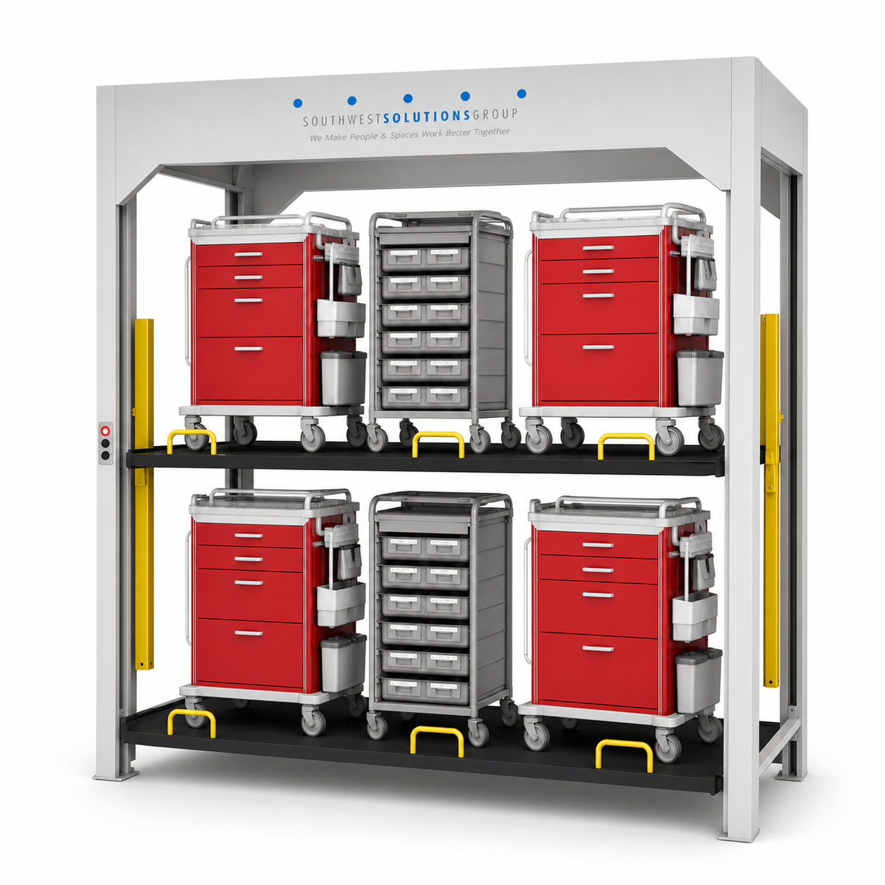 2-Level Vertical Lift Storage Stacker for Crash & Order-Picking Carts on a pure white background
