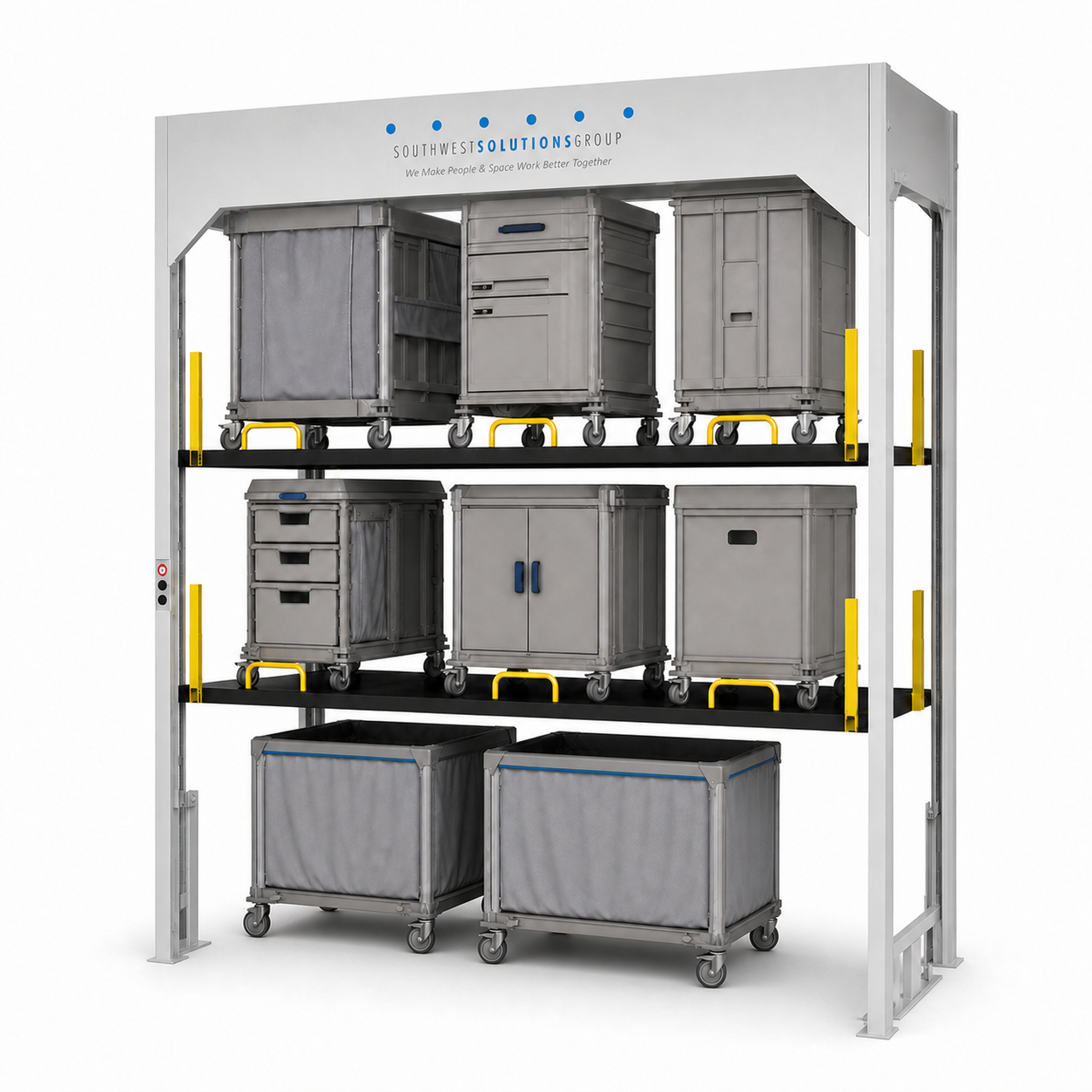3-Level Vertical Lift Storage Stacker for Laundry, EVS & Janitorial Carts on a pure white background