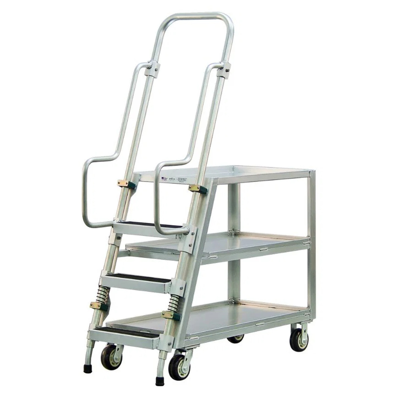 3-Shelf Aluminum Ladder Cart with Lipped Shelves, 3 Steps and Continuous Grip Handle - 800 lb Capacity for storage