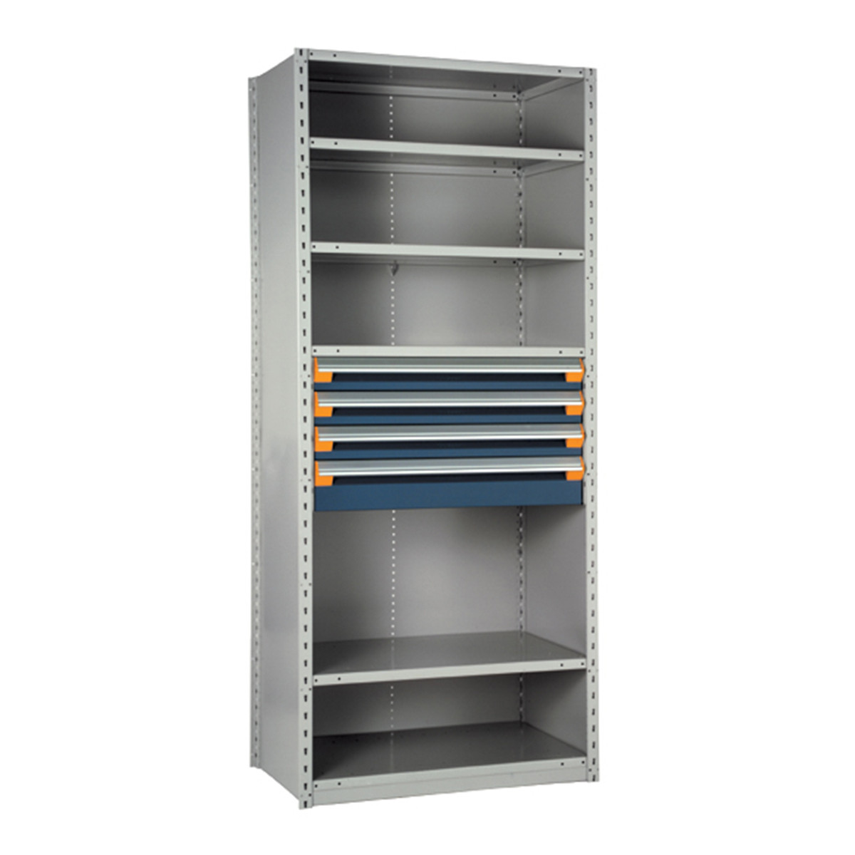 4-Drawer Steel Shelving with Drawers, 36" W x 18" D x 75" H, 5 Shelves, Three 4"H, One 6"H, Included Dividers, Starter