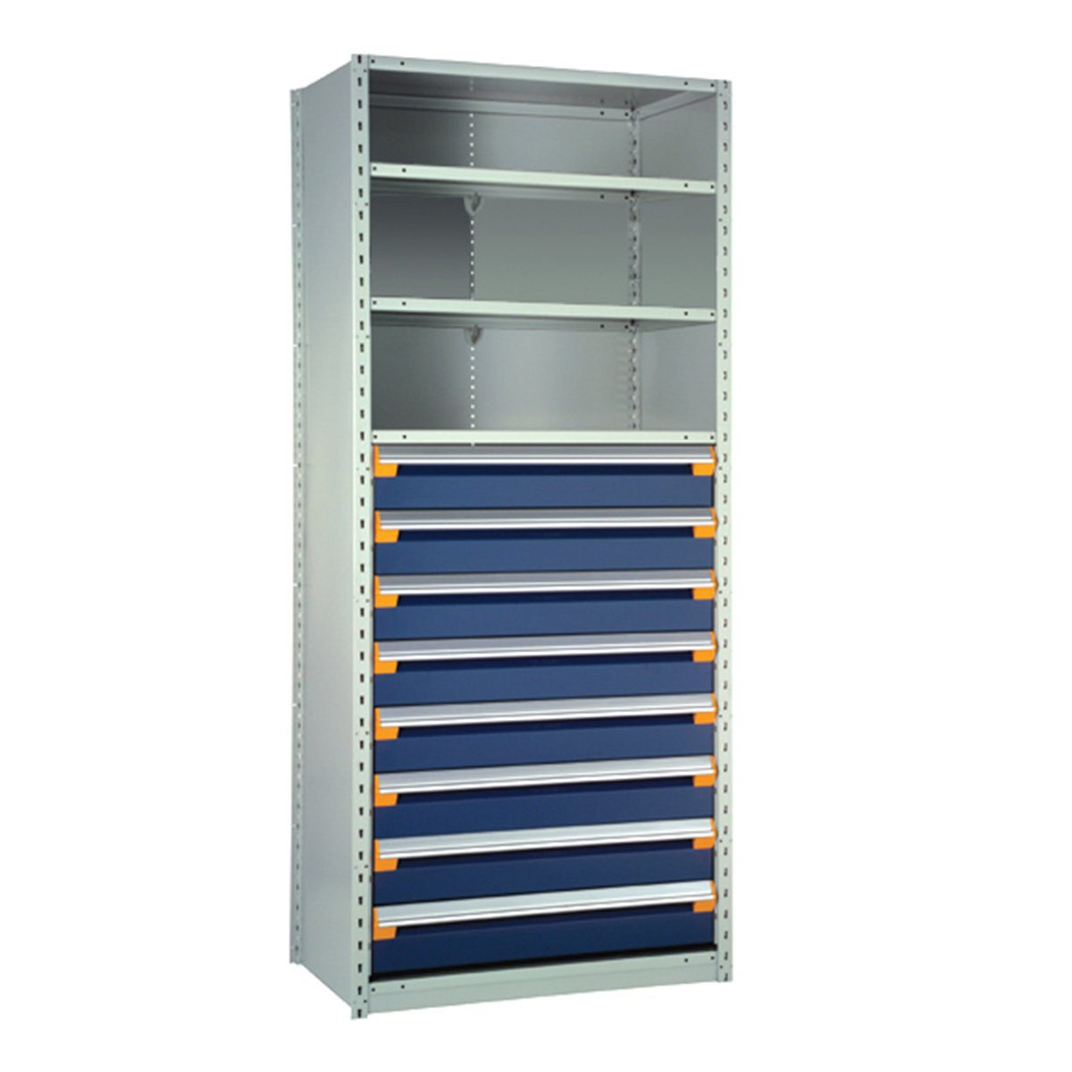 8-Drawer Steel Shelving with Drawers, 48" W x 18" D x 75" H, 4 Shelves, Eight 6"H, Included Dividers, Starter