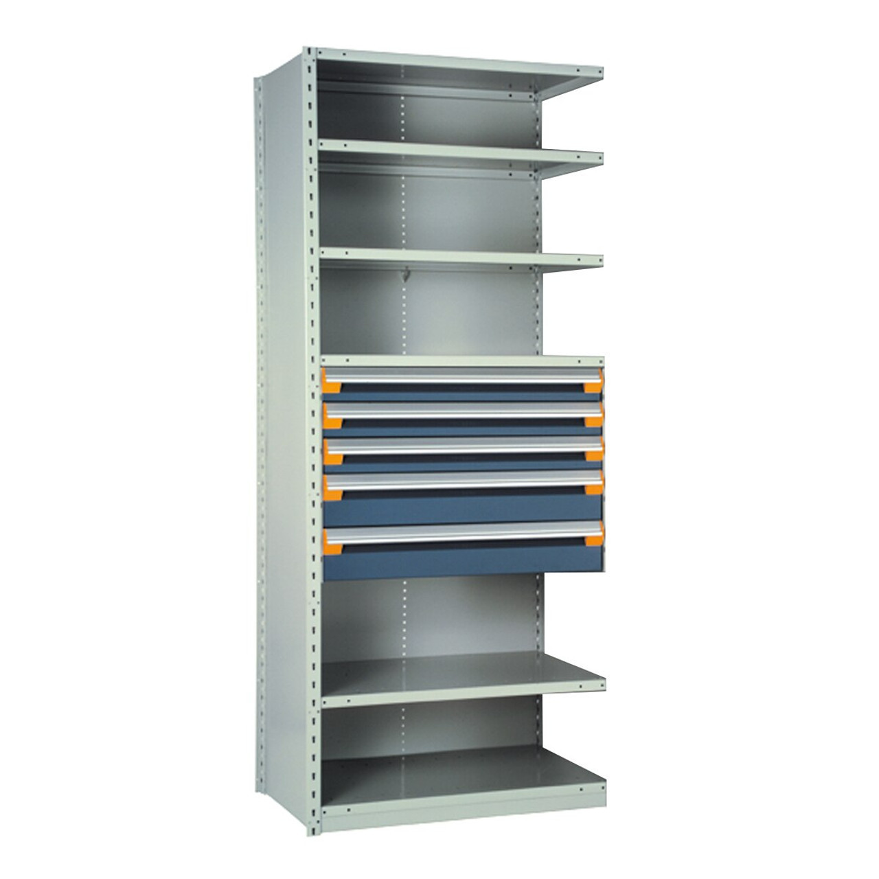 5-Drawer Steel Shelving with Drawers, 36" W x 24" D x 87" H, 6 Shelves, Three 4"H, Two 6"H, Included Dividers, Adder