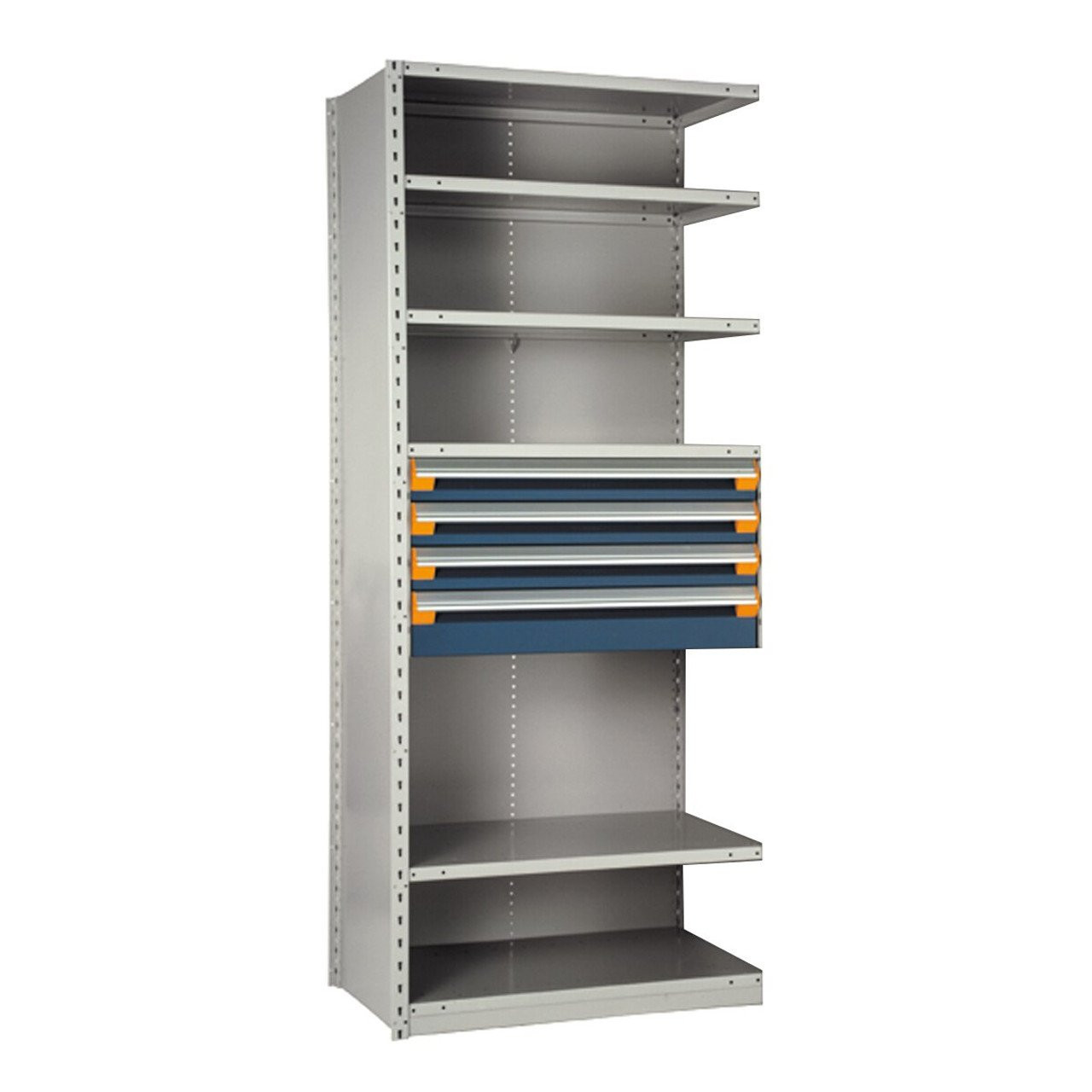 4-Drawer Steel Shelving with Drawers, 42" W x 18" D x 75" H, 5 Shelves, Three 4"H, One 6"H, No Dividers, Adder