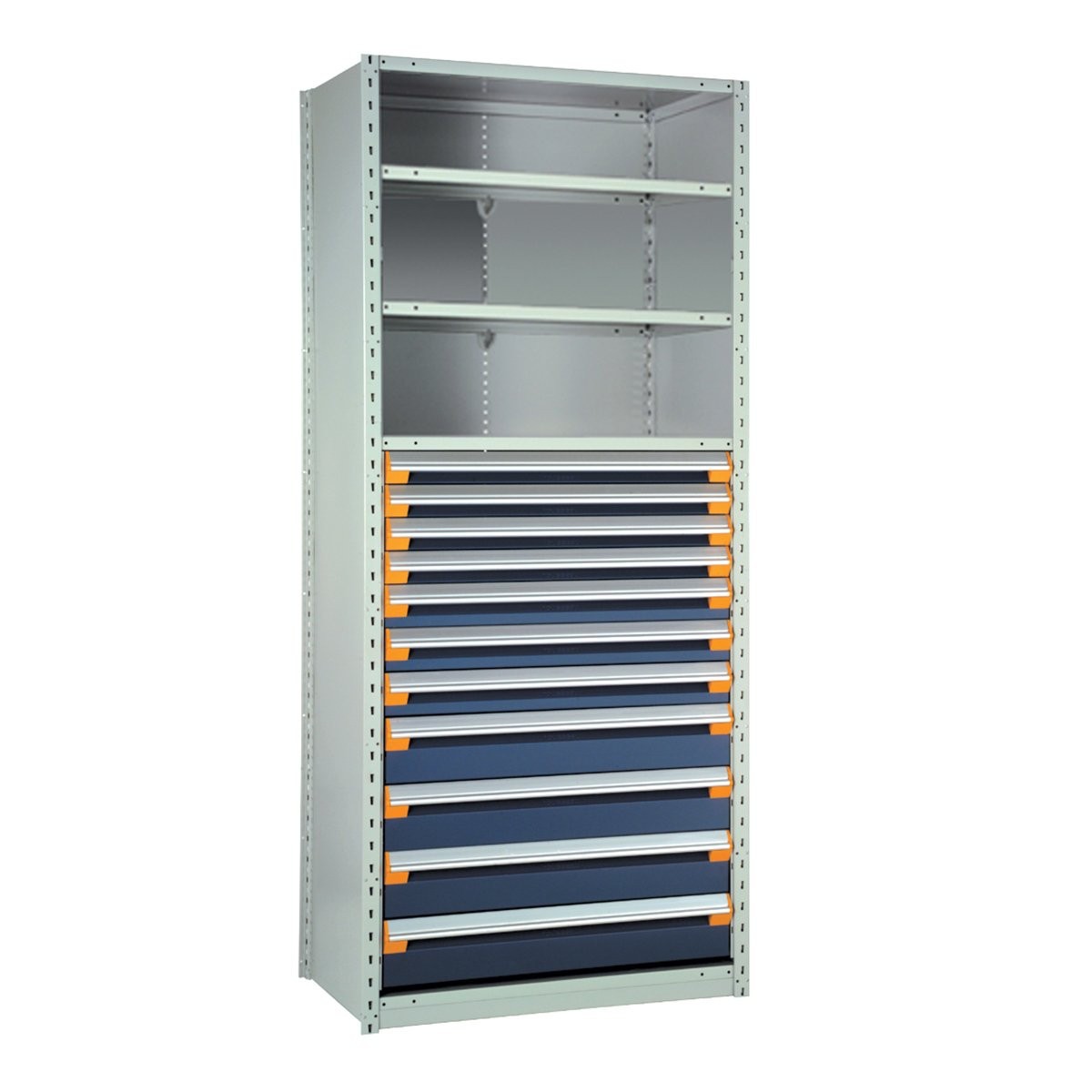 11-Drawer Steel Shelving with Drawers, 48" W x 24" D x 75" H, 4 Shelves, Four 3"H, Three 4"H, Four 6"H, No Dividers, Starter